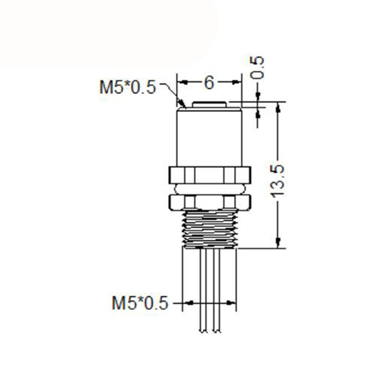 M5 3pins A code female straight rear panel mount connector,unshielded,single wires,26AWG 0.14mm²,brass with nickel plated shell